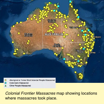 Image of the Map of Massacres across Australia. Figure 1: Ryan, ‘Map’. https://c21ch.newcastle.edu.au/colonialmassacres/map.php (accessed 18/01/2022).The Newcastle research team estimate that 350 – 400 massacre sites will have been documented by the end of 2021.